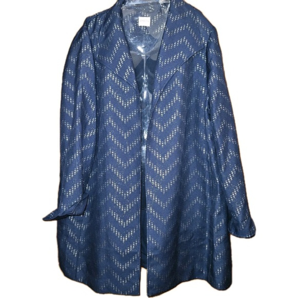 Chicos Collection Navy Blue Gold Metallic Chevron Open Front Jacket Size 2 XL